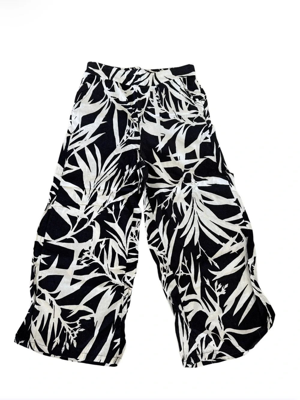 Rachel Zoe black & white tropical leaf pattern linen blend wide-leg pants Size S